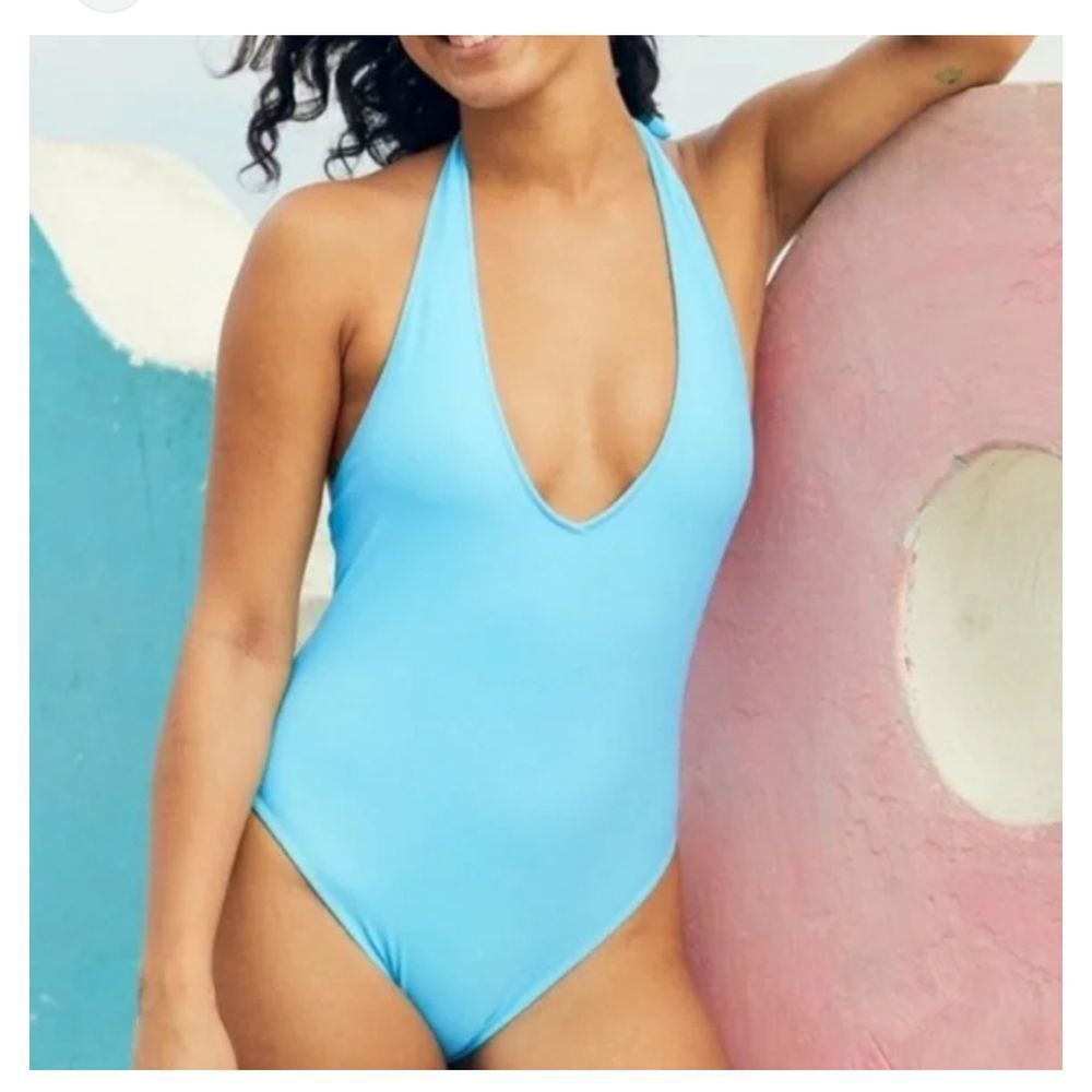 Aerie Turquoise‎ Blue Plunging Halter One-Piece Swimsuit Beach Summer Pool XL